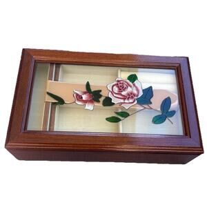 New Vintage Original Box Wood Walnut Finish Stained Glass 11x7 Jewelry Box Rose